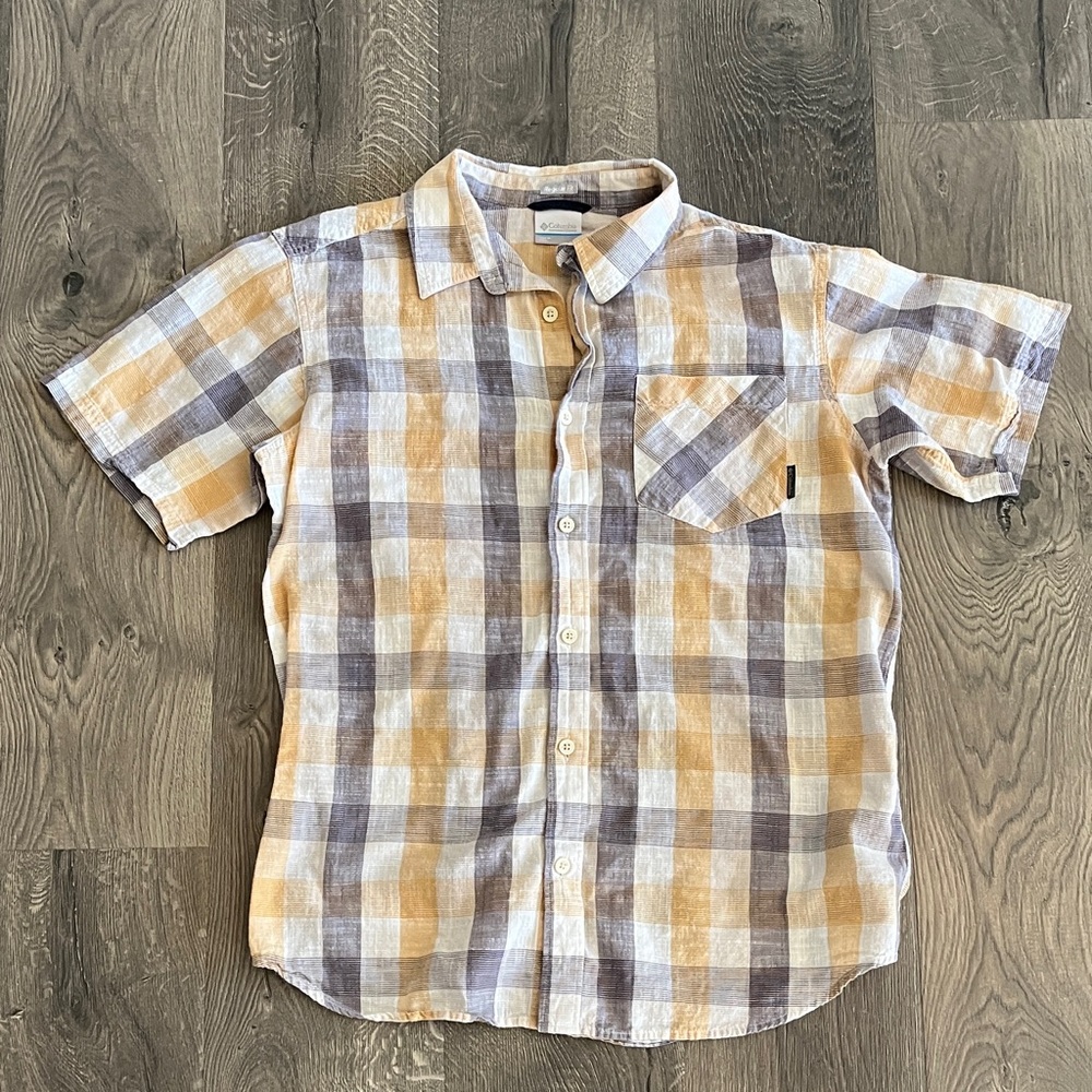 Columbia Men's Casual Button Down Shirt - Orange and Gray Plaid
